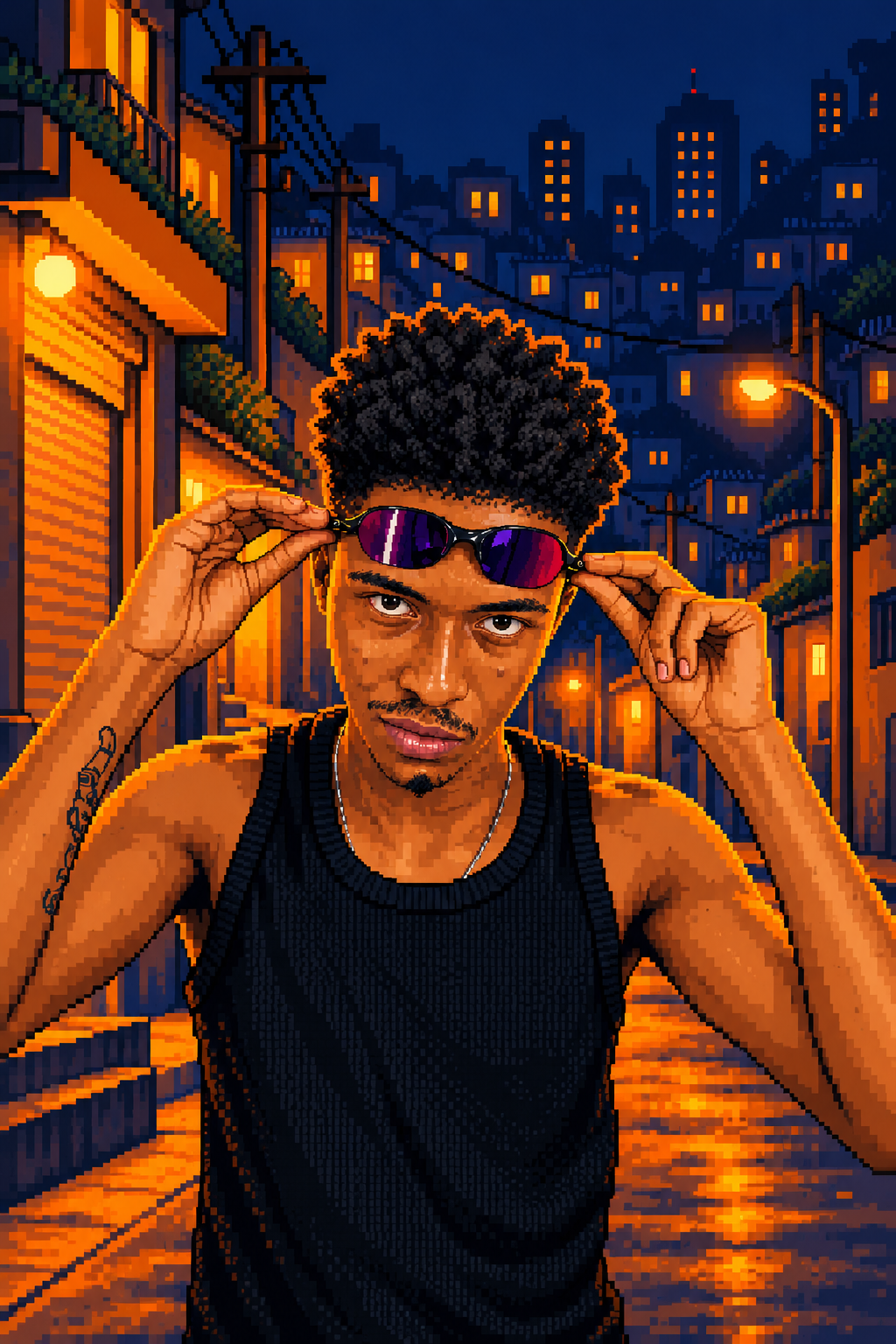 Universo visual do DJ Cyber Original em uma rua de São Paulo, em pixel art